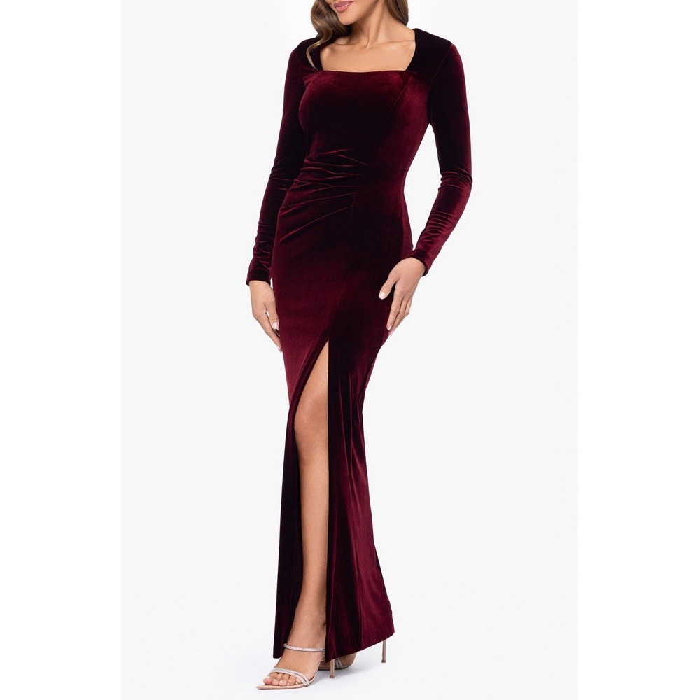 Xscape Velvet Long Sleeve Gown NWT Size 10 Burgundy Red Square Neck Ruched Slit